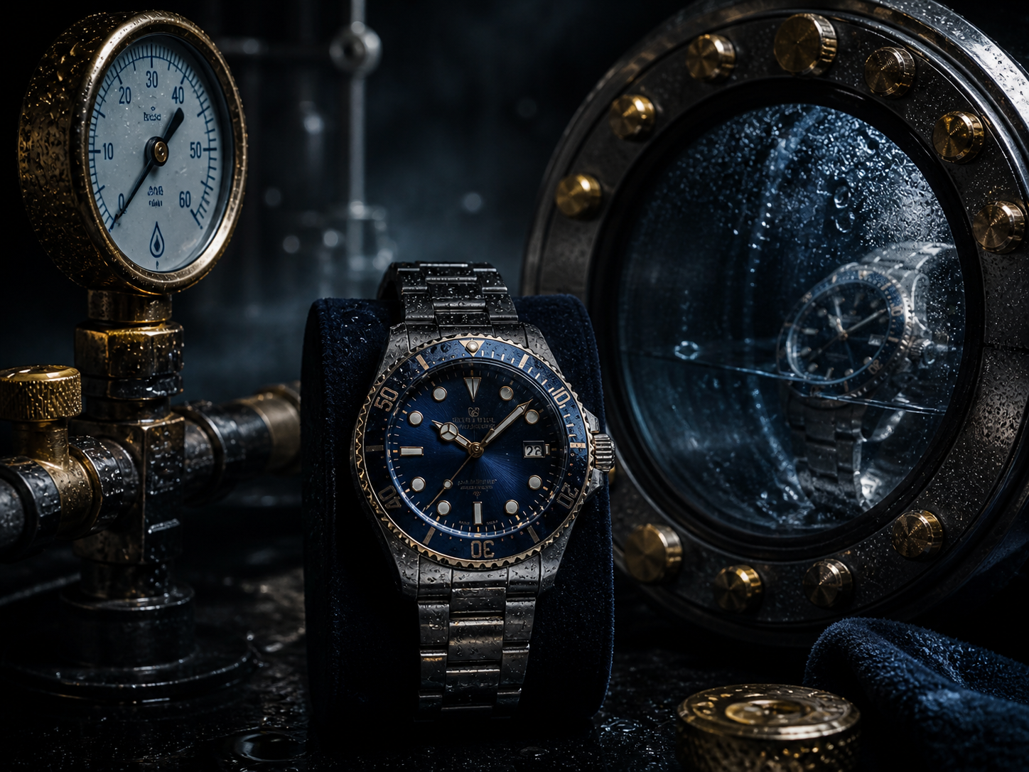 Luxury diver watch near testing equipment in a dark lab